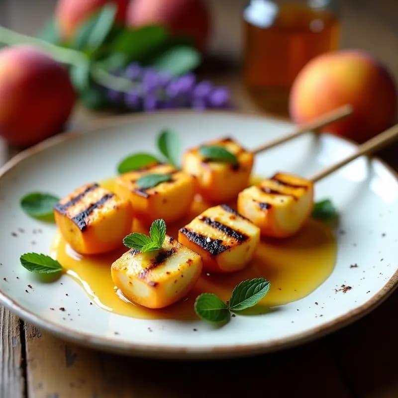Brochetas de durazno y queso de cabra asadas en grill, bañadas con miel de lavanda, sobre plato blanco con hojas de menta fresca. Postre francés fácil y elegante.