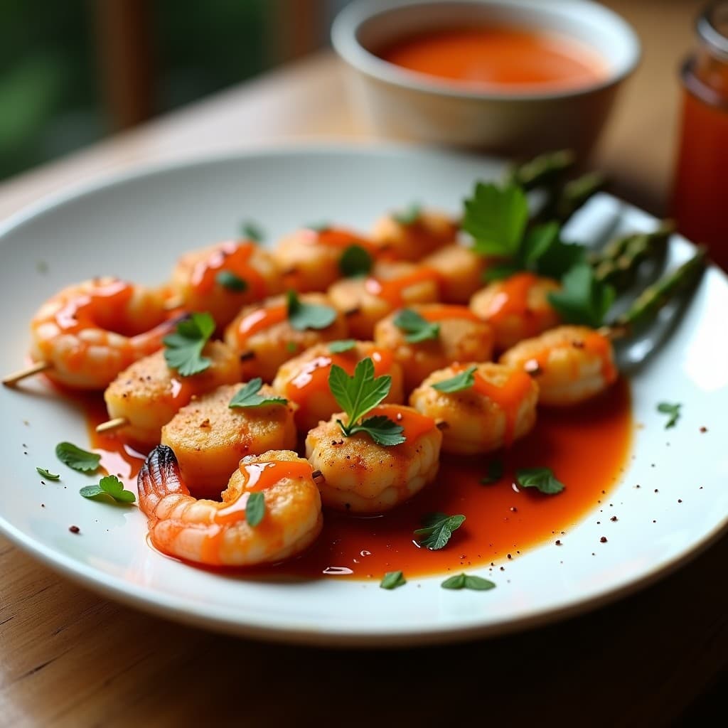 Brochetas de espárragos tigres y gambas doradas en airfryer, servidas en plato blanco con mojo picón rojo y perejil fresco, receta española alta en proteína.