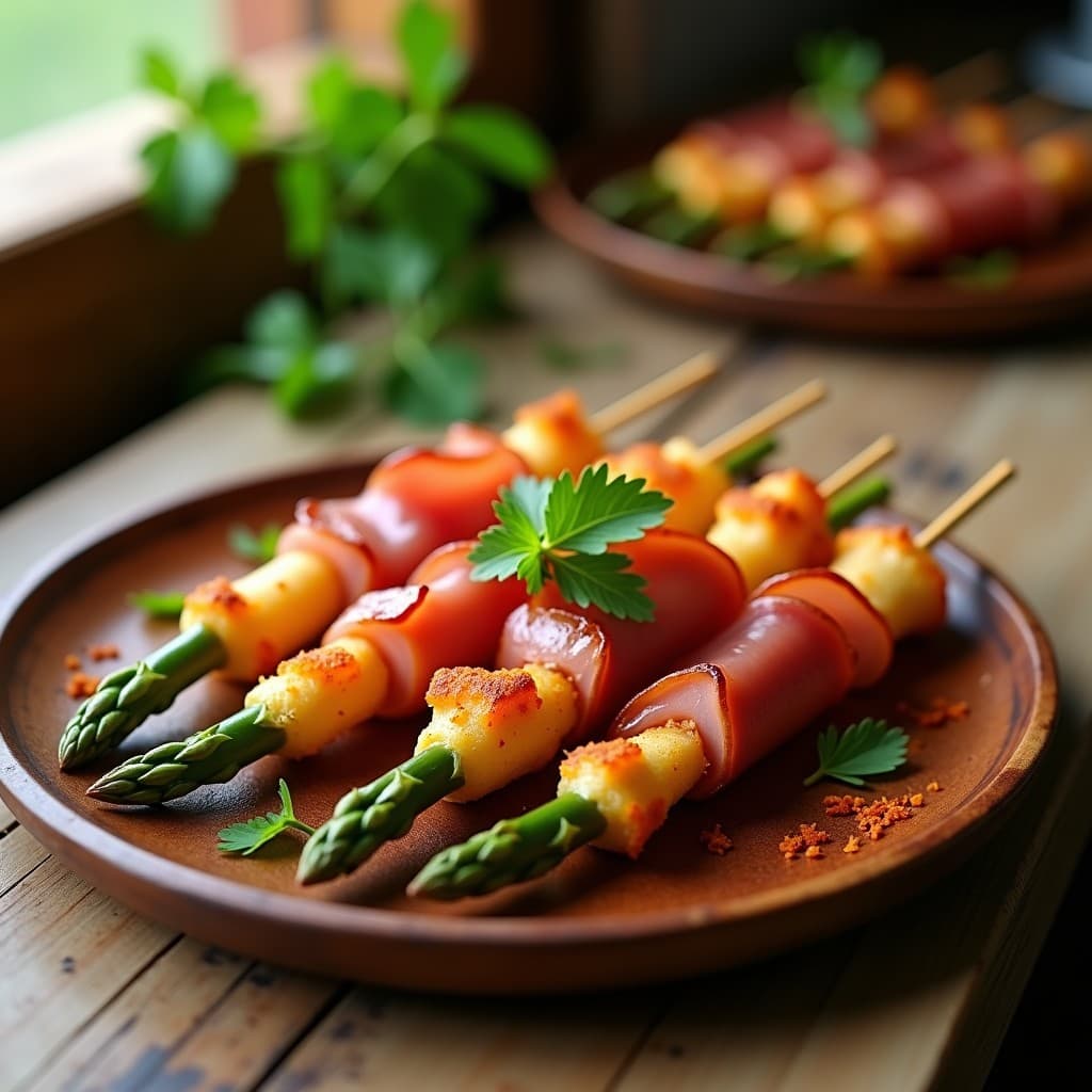 Brochetas de espárragos blancos y jamón serrano doradas en airfryer, servidas en plato de madera con pimentón espolvoreado y vinagreta brillante.
