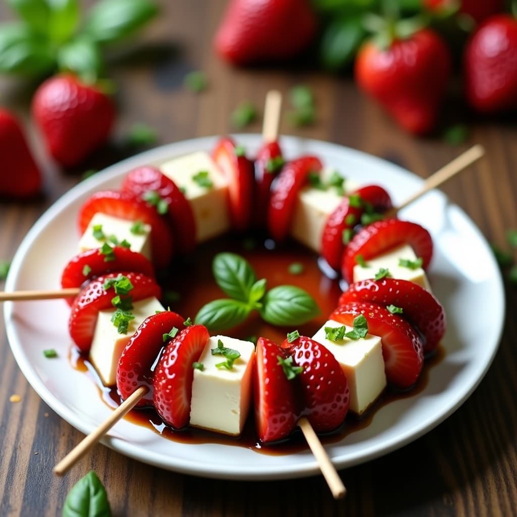 Brochetas elegantes de fresas rojas brillantes y queso de cabra blanco cremoso, dispuestas en bandeja de madera rústica, bañadas con vinagreta de albahaca verde intenso. Postre italiano dulce-salado con semillas de amapola y hojas de albahaca fresca como decoración.