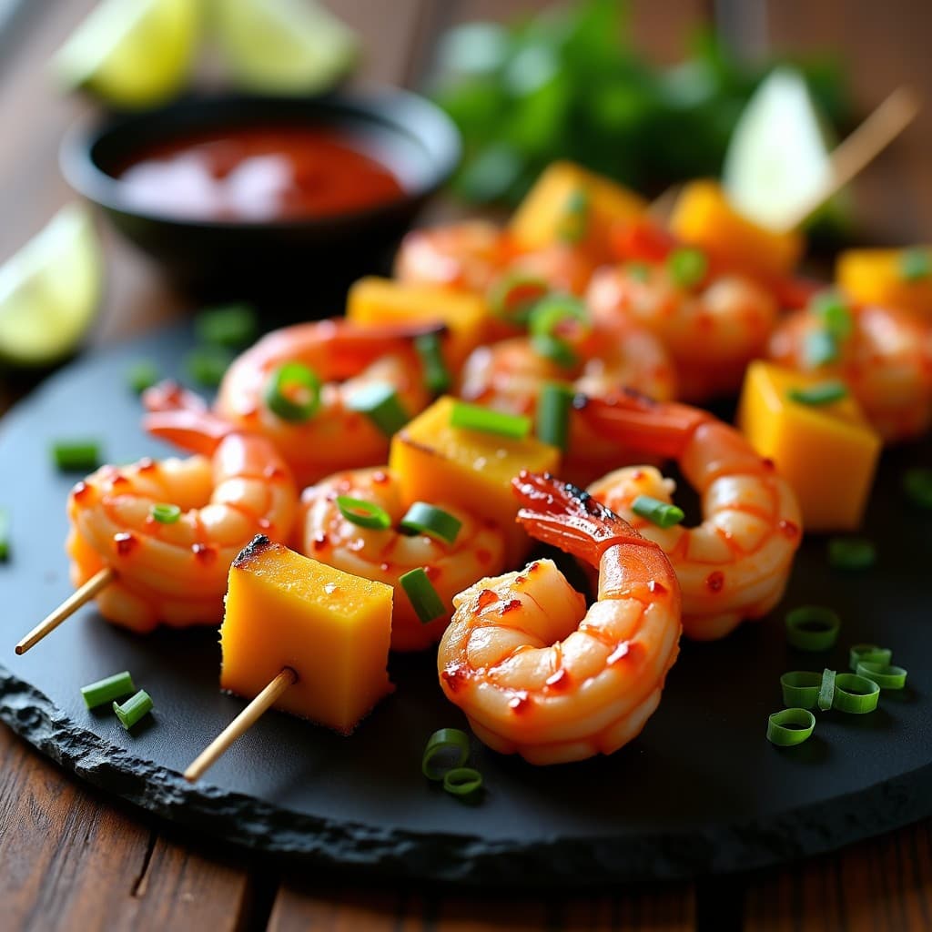 Brochetas doradas de gambas jugosas y mango caramelizado, glaseadas con una salsa brillante de chili, servidas sobre un plato negro con decoración de cebollino fresco y rodajas de lima al fondo.