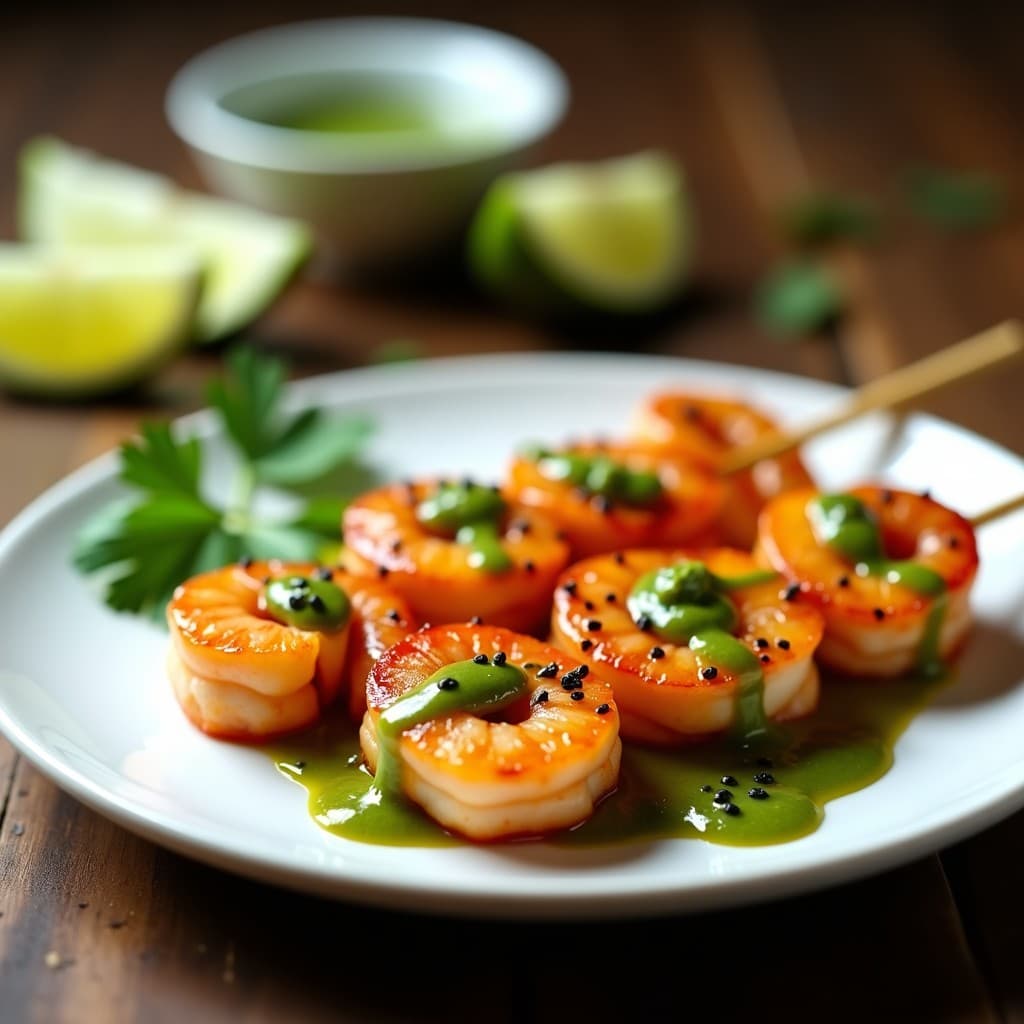 Brochetas de gambas rosadas y trozos dorados de melocotón en palillos de bambú, servidas sobre un plato blanco con salsa verde de cilantro y lima, decoradas con semillas de sésamo negro y rodajas de lima al fondo. Receta vietnamita en airfryer.