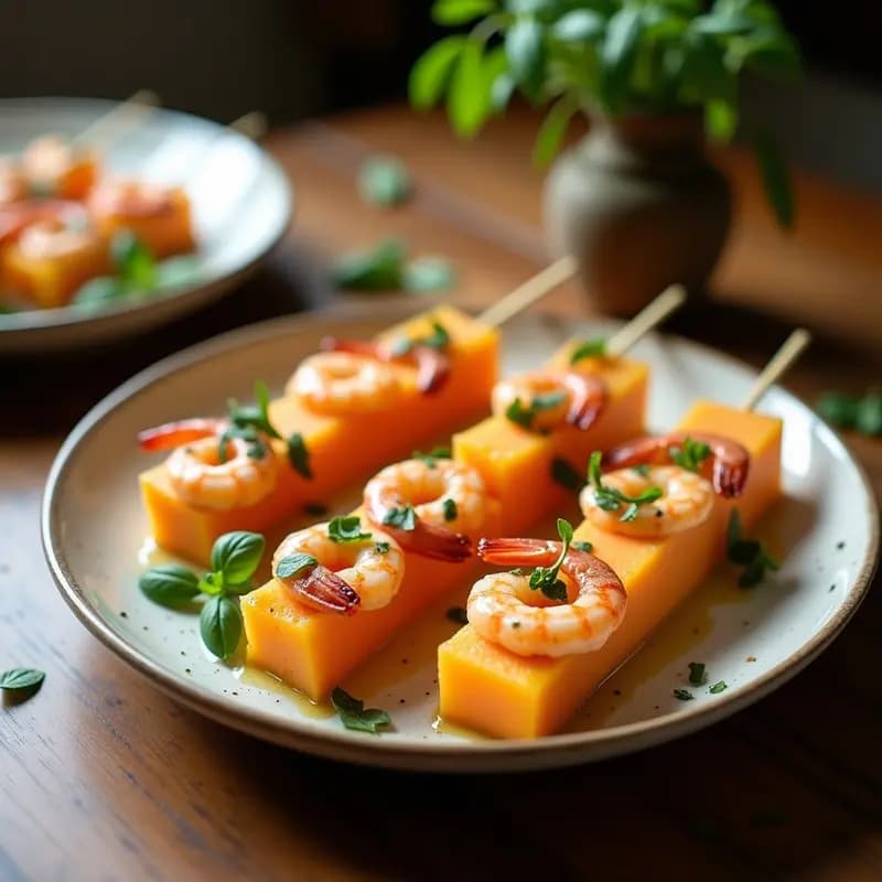 Brochetas de gambas y melón cantalupo al grill con vinagreta de albahaca, servidas en una bandeja de madera con hojas frescas de albahaca y un fondo borroso de grill humeante.