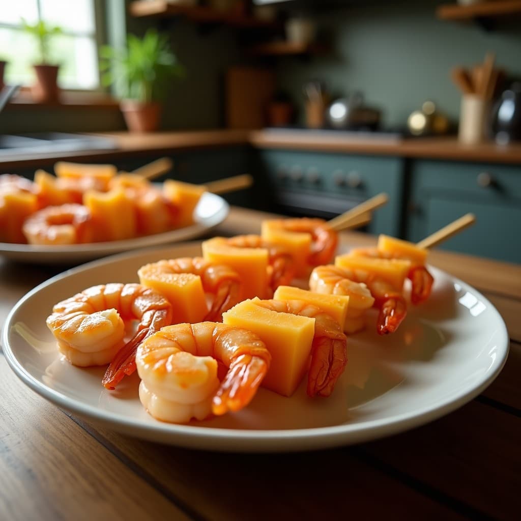 Brochetas de gambas rosadas y melón cantalupo dorado en palillos de bambú, servidas sobre hojas de albahaca fresca con un hilo de vinagreta de miel y pimienta rosa, entrantes gourmet dulce-salado.