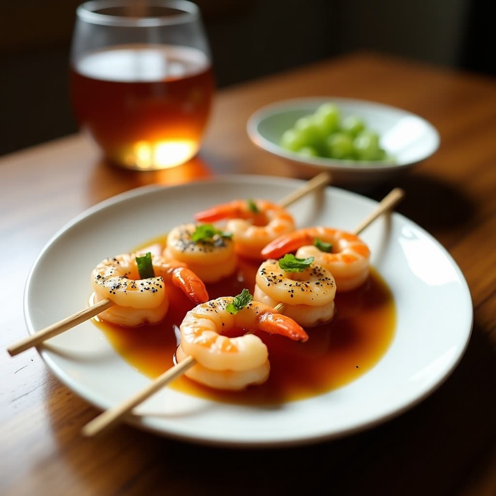 Brochetas doradas de gambas y trozos de melón amarillos asados, bañadas en un glaseado brillante de miel y jengibre, servidas en plato negro con semillas de sésamo y hierbas frescas.