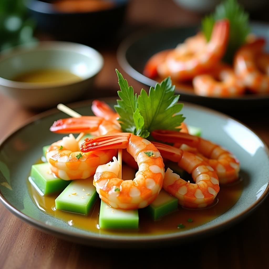 Brochetas doradas de gambas y cubos de melón cantalupo con semillas de sésamo negro, servidas en plato blanco con salsa de wasabi cremosa al lado, receta airfryer crujiente.