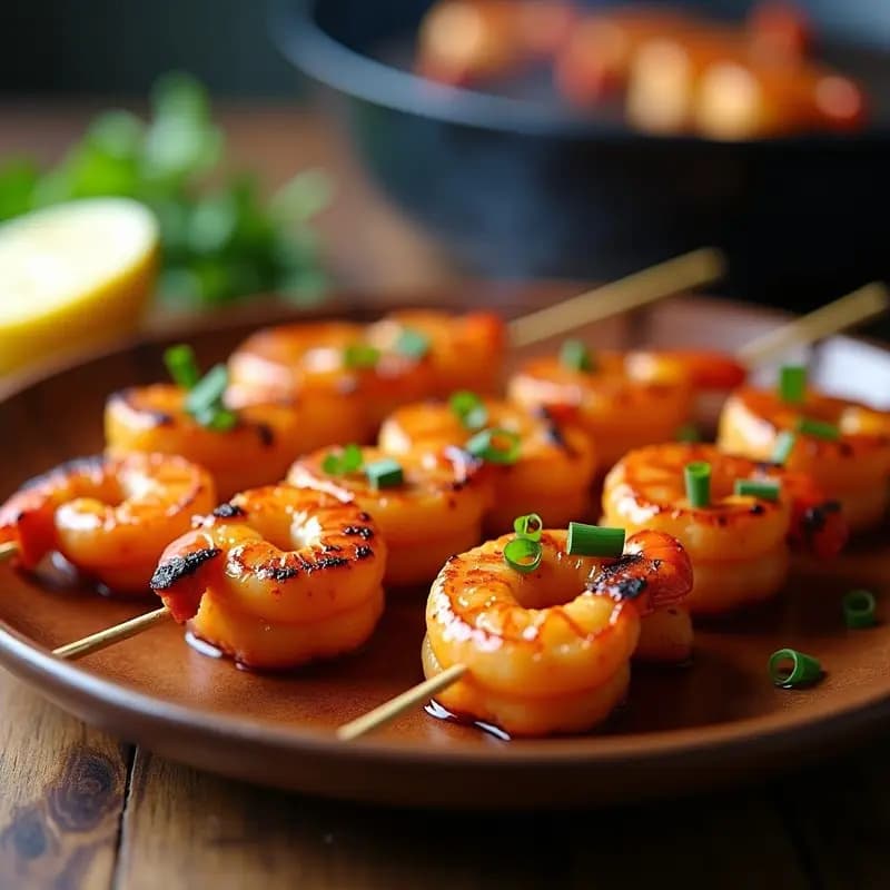 Brochetas de gambas doradas al grill sobre plato de barro rústico, bañadas en mojo de pimentón y miel, con perejil fresco y gajos de limón al fondo. Receta española rápida y gourmet.