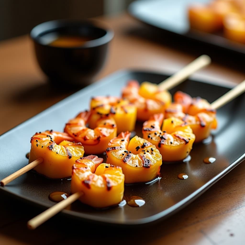Brochetas de gambas rosadas y cubos de piña dorados en palillos de bambú, glaseados con miel de yuzu brillante y espolvoreadas con semillas de sésamo negro, servidas en una fuente de cerámica negra con fondo desenfocado.
