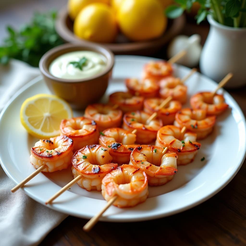 Brochetas de gamberones rosados y jugosos con trozos dorados de limón confitado, dispuestas en un plato blanco con salsa de ajo negro cremosa y espolvoreadas con cilantro fresco. Receta de brochetas de gamberones y limón confitado en airfryer.