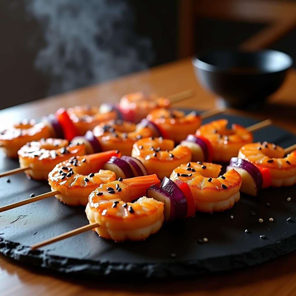 Brochetas de gamberones dorados marinados en miso y miel, ensartados con trozos de cebolla morada y pimiento rojo, sobre un plato negro con semillas de sésamo negro espolvoreadas. Receta japonesa en airfryer alta en proteína.