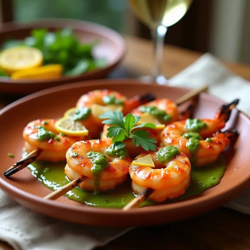 Brochetas de gamberones dorados a la parrilla, dispuestas en un plato de barro rústico, con salsa de mojo de ajo y cilantro espesa y brillante vertida por encima. Acompañadas de rodajas de limón confitado y hojas de cilantro fresco como decoración. Fondo borroso con tonos cálidos de una mesa de madera al aire libre.