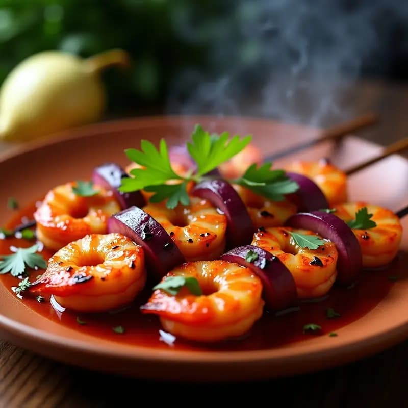 Brochetas de gamberones asados en barbacoa con trozos de cebolla morada, bañadas en salsa espesa de tamarindo y chile de árbol, decoradas con cilantro fresco sobre un plato de barro rústico.