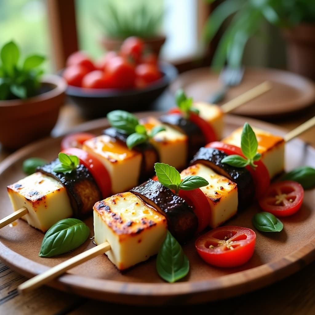 Brochetas doradas en grill con cubos de queso halloumi, berenjena asada y tomates secos, acompañadas de hojas de albahaca fresca y un toque de pimentón ahumado. Receta mediterránea rápida y saludable.