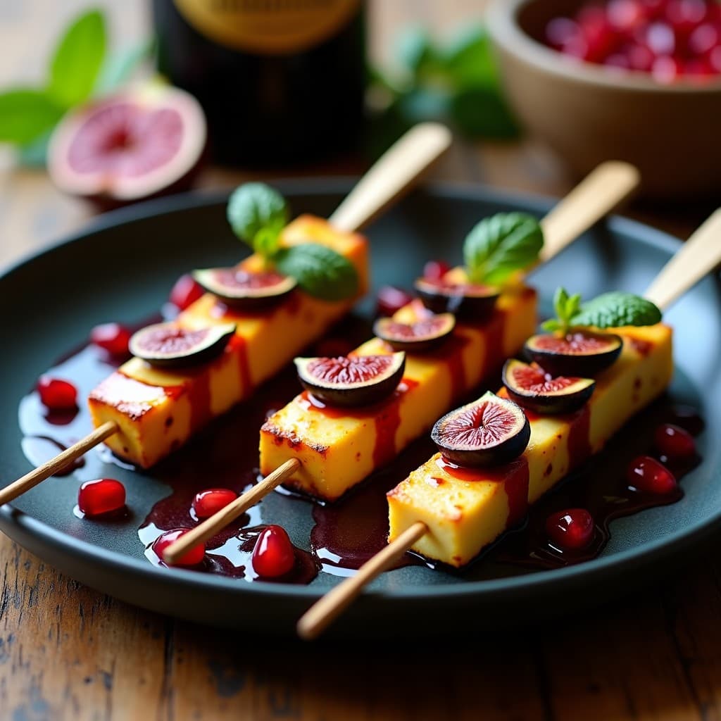 Brochetas gourmet de queso halloumi dorado y higos negros brillantes, servidas en plato blanco con reducción de vino tinto espesa y hojas de menta fresca. Entrante chipriota elegante y contrastado.