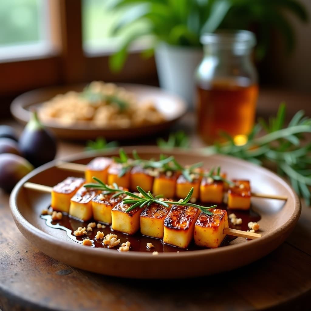 Brochetas doradas de queso halloumi y higos frescos asados en grill, bañadas con miel de trufa negra y vinagre balsámico glaseado, decoradas con nueces picadas y romero sobre un plato de madera rústico.