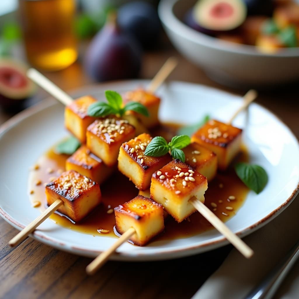 Brochetas de halloumi y higos a la plancha dispuestas en un plato de cerámica blanca, con el queso dorado y los higos caramelizados, bañados en glaseado de miel y vinagre balsámico, decorados con semillas de sésamo y hojas de menta fresca.