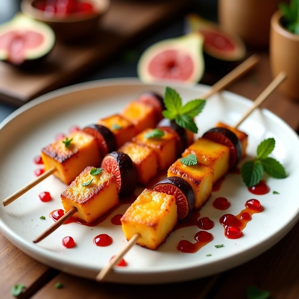Brochetas de halloumi dorado y higos caramelizados en palillos de madera, servidas en plato blanco rústico con salsa de granada vibrante y hojas de menta fresca, aperitivo chipriota en airfryer.