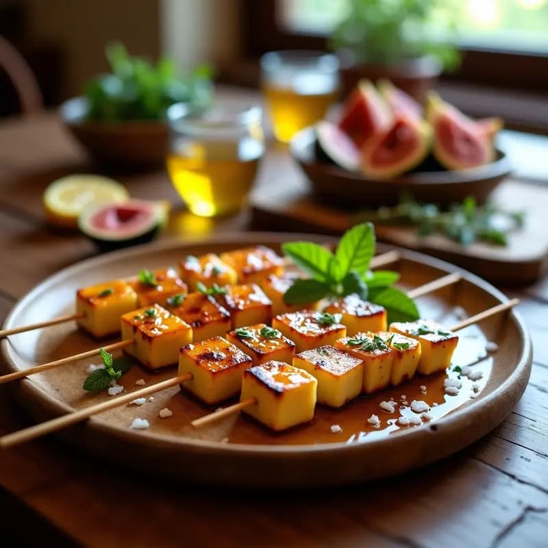 Brochetas de queso halloumi dorado y higueras brevas caramelizadas, alternadas con hojas de menta fresca, servidas en plato de madera rústico con hilo de miel de tomillo y semillas de sésamo espolvoreadas. Aperitivo chipriota dulce-salado.
