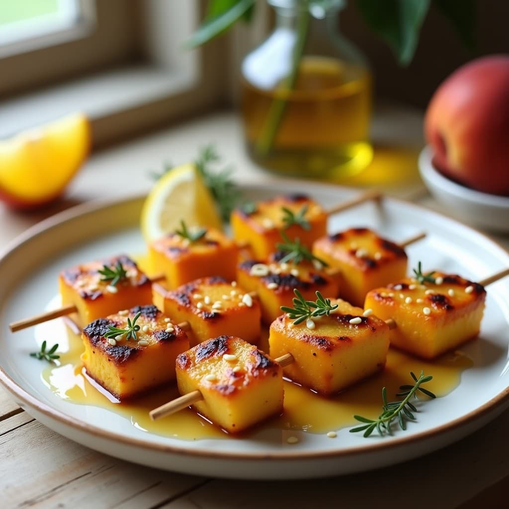 Brochetas doradas de queso halloumi y gajos de melocotón asado en airfryer, bañadas en miel de tomillo brillante, con semillas de sésamo espolvoreadas y hojas de tomillo fresco como decoración. Plato rústico de madera al fondo con toalla de lino.