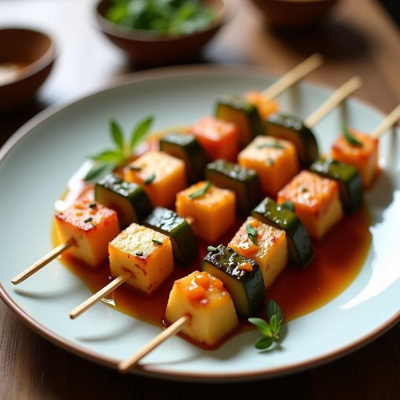Brochetas doradas de queso halloumi y rodajas de melón amargo en un plato rústico, acompañadas de salsa de tamarindo y hojas de menta fresca, aperitivo chipriota en grill.