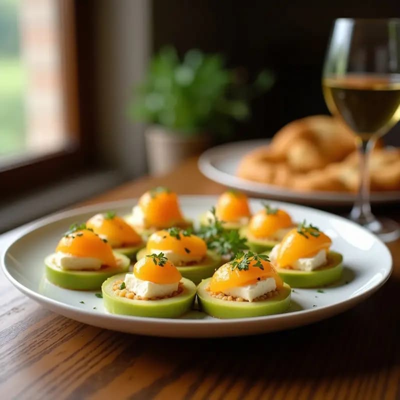 Brochetas de queso halloumi dorado y melón cantalupo jugoso sobre una fuente de madera rústica, con glaseado de miel de tomillo, semillas de sésamo y hojas de menta fresca. Plato de entrante chipriota dulce-salado.