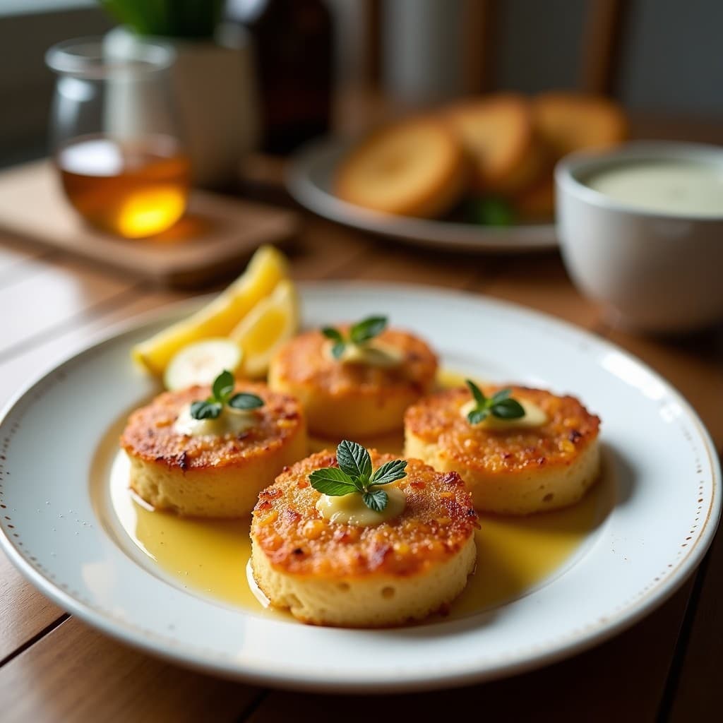 Brochetas doradas de halloumi y piña en airfryer, bañadas en miel de azahar y espolvoreadas con semillas de sésamo negro y blanco, servidas en plato rústico de madera con hojas de menta.