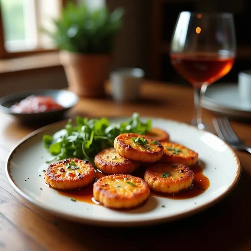 Brochetas de queso halloumi dorado y uvas blancas jugosas, dispuestas en un plato de madera rústico con salsa de vinagre balsámico brillante y hojas de romero fresco. Aperitivo chipriota fácil y rápido.