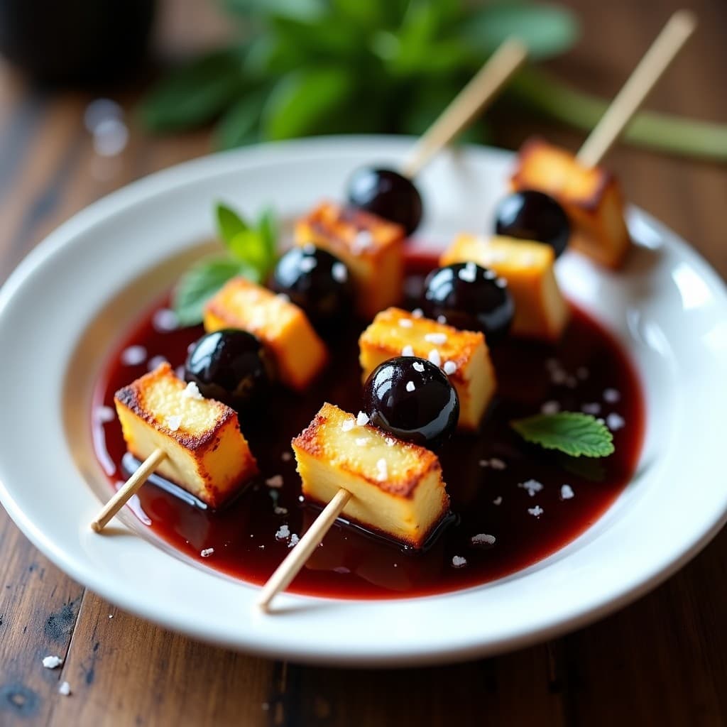 Brochetas de halloumi dorado y uvas negras brillantes servidas en plato blanco con reducción de vino Porto y hojas de menta, receta gourmet en airfryer.
