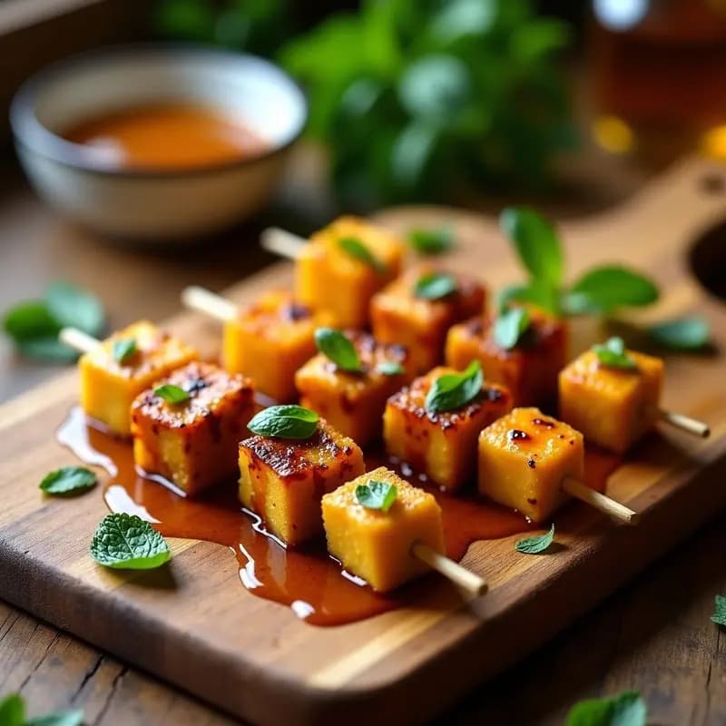 Brochetas gourmet de queso halloumi dorado y uvas pasas hidratadas sobre tabla de madera, bañadas en vinagreta brillante de miel y mostaza, decoradas con hojas de menta fresca. Aperitivo visual y delicioso para redes sociales.