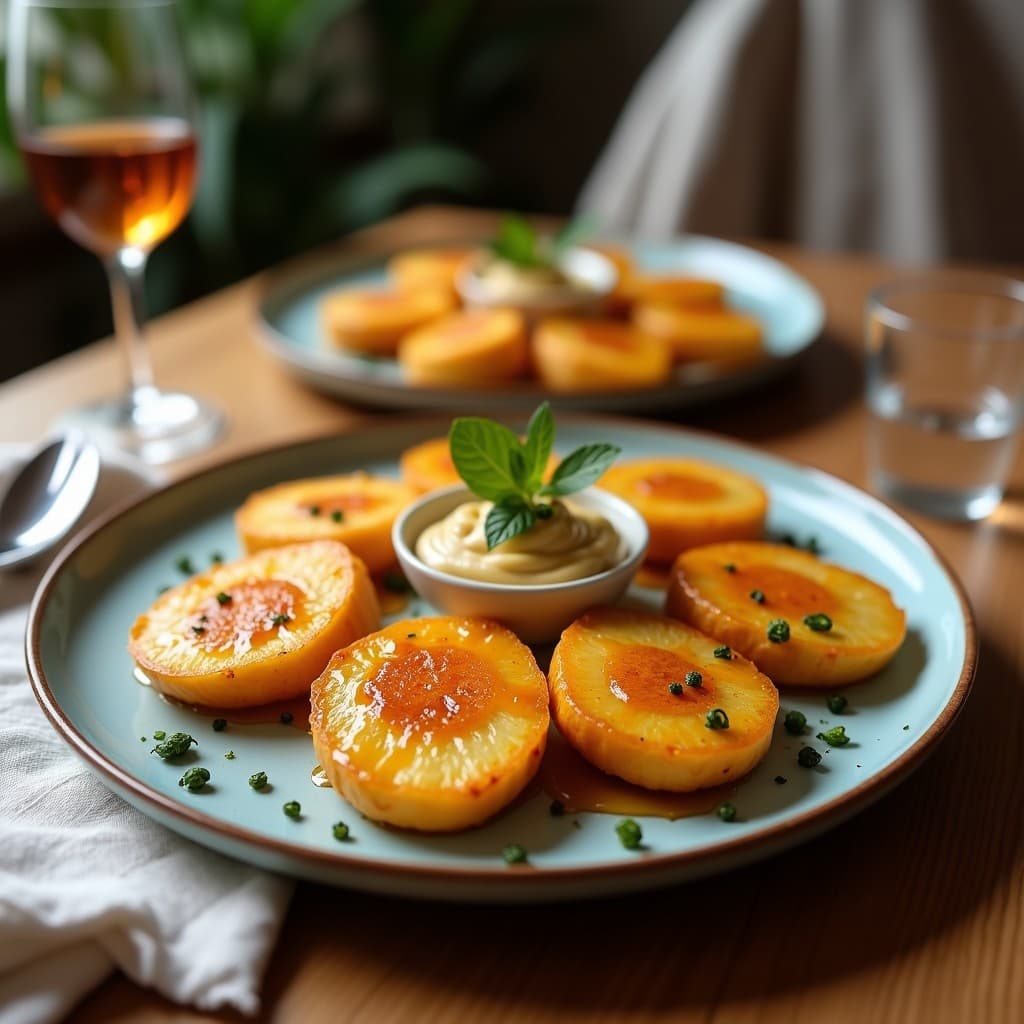 Brochetas de queso halloumi dorado y uvas pasas caramelizadas sobre un plato de madera rústico, rociadas con miel de tomillo y decoradas con semillas de sésamo y hojas de menta fresca. Entrante chipriota listo en 10 minutos.