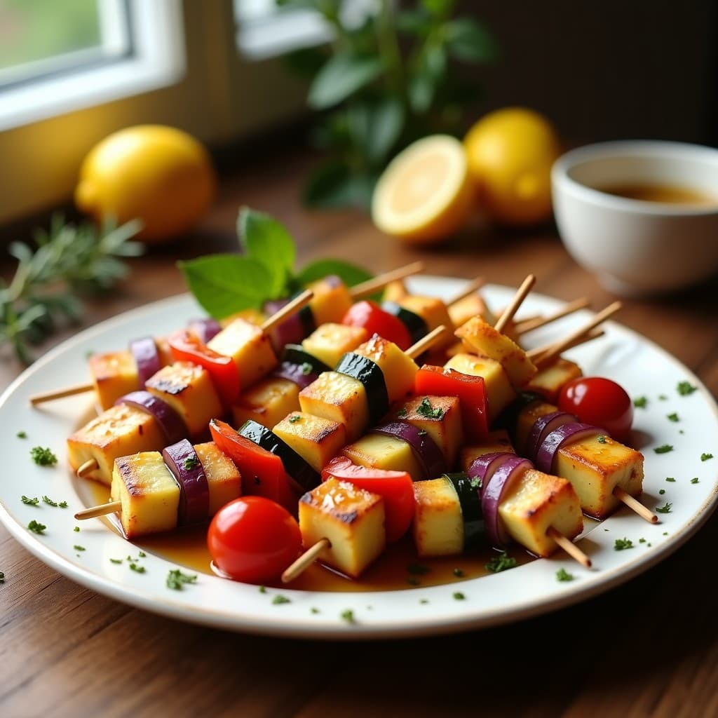 Brochetas doradas de queso halloumi y vegetales asados (pimiento rojo, calabacín, cebolla morada y tomate cherry) servidas en un plato blanco rústico con aderezo de limón y miel brillante, fondo de hierbas frescas y limones cortados, receta griega en airfryer.