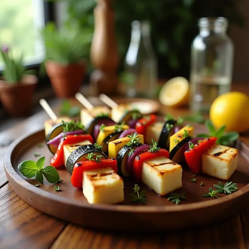 Brochetas de halloumi y vegetales a la parrilla con aderezo de limón y orégano, servidas en una fuente de madera rústica con rodajas de limón y hojas de orégano fresco.