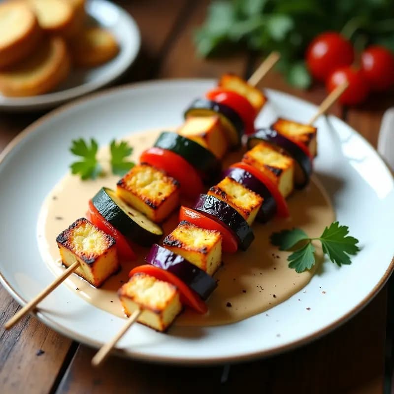 Brochetas doradas de queso halloumi y vegetales asados (berenjena, pimiento rojo y calabacín) servidas en plato blanco con salsa de tahini cremosa y perejil fresco. Receta chipriota vegana en airfryer.