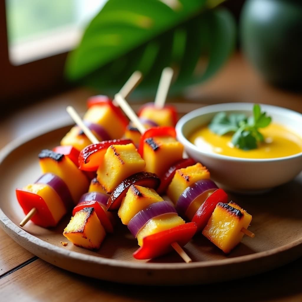 Brochetas doradas de corazón de palma y queso Halloumi en palillos de madera, servidas sobre un plato blanco con salsa de granadilla amarilla y decoración de cilantro fresco. Receta brasileña en Airfryer con toque crujiente y tropical.