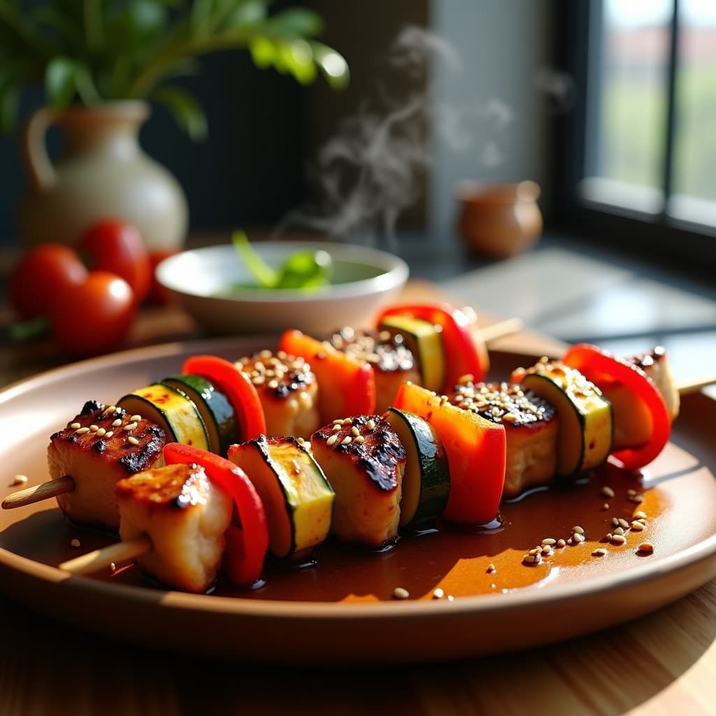 Brochetas de hernía de cerdo marinada en miel y soja con verduras asadas en airfryer, servidas en plato de madera con semillas de sésamo espolvoreadas y fondo de cocina moderna.