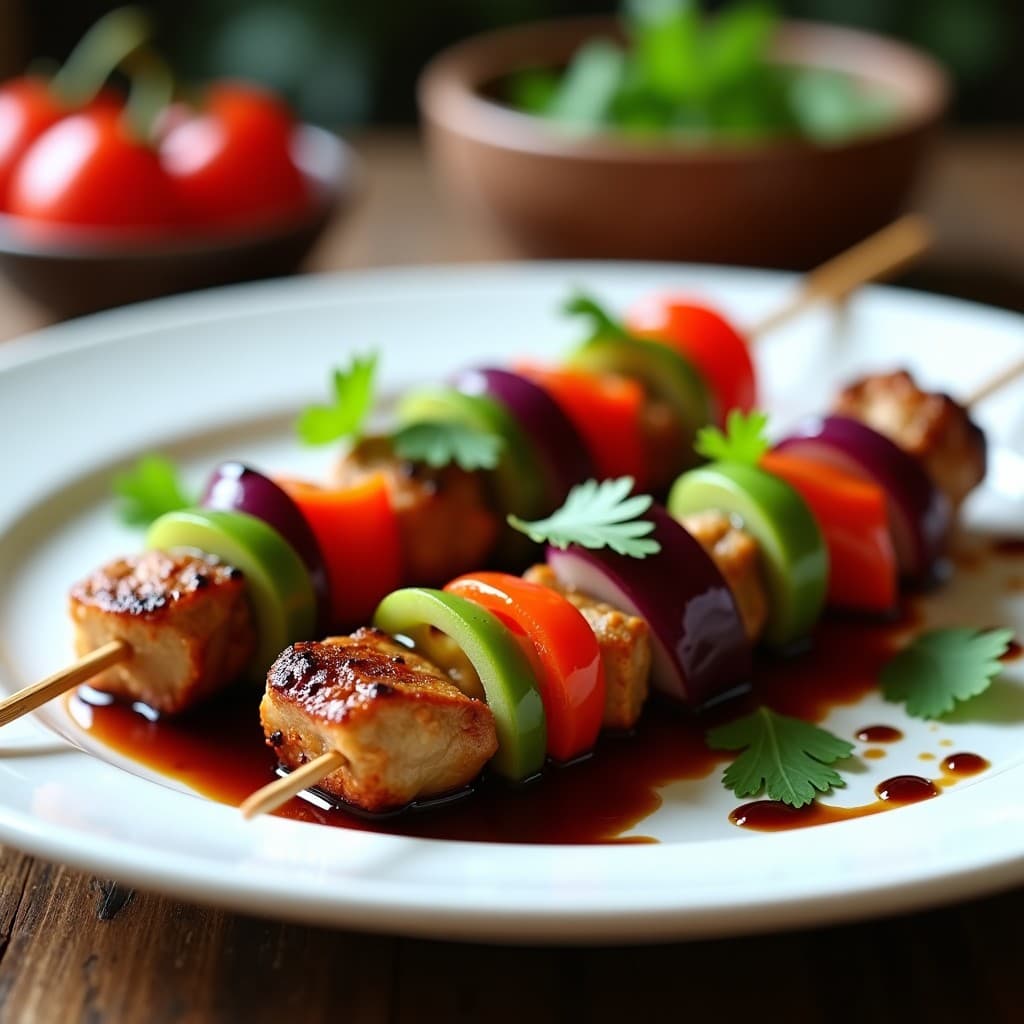 Brochetas de hígado de pollo y ciruelas verdes en airfryer, con trozos dorados de hígado, ciruelas verdes frescas, cebolla morada y pimiento rojo, servidas en un plato de cerámica blanca con glaseado brillante y decoradas con hojas de cilantro.