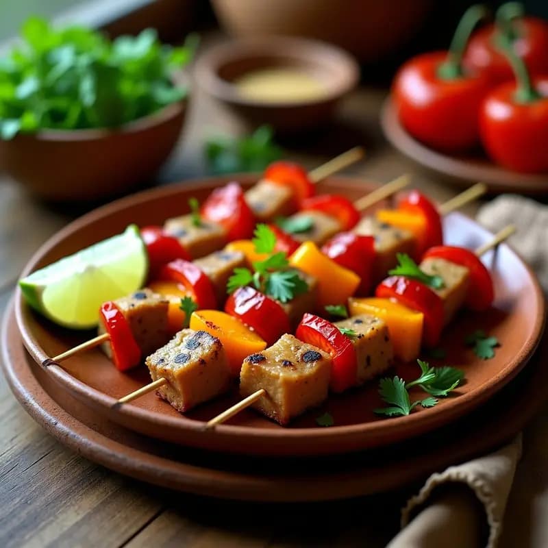 Brotchetas doradas de hígado de pollo y pimientos rojos y amarillos asados, servidas en plato de madera con hojas de culantro y rodajas de limón, receta peruana alta en hierro.
