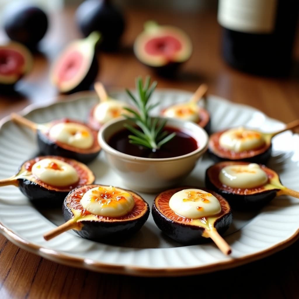 Brochetas doradas en airfryer con trozos de higo negro brillante, queso de búfala cremoso y salsa de reducción de vino tinto oscura, servidas en plato de madera con hojas de romero fresco.