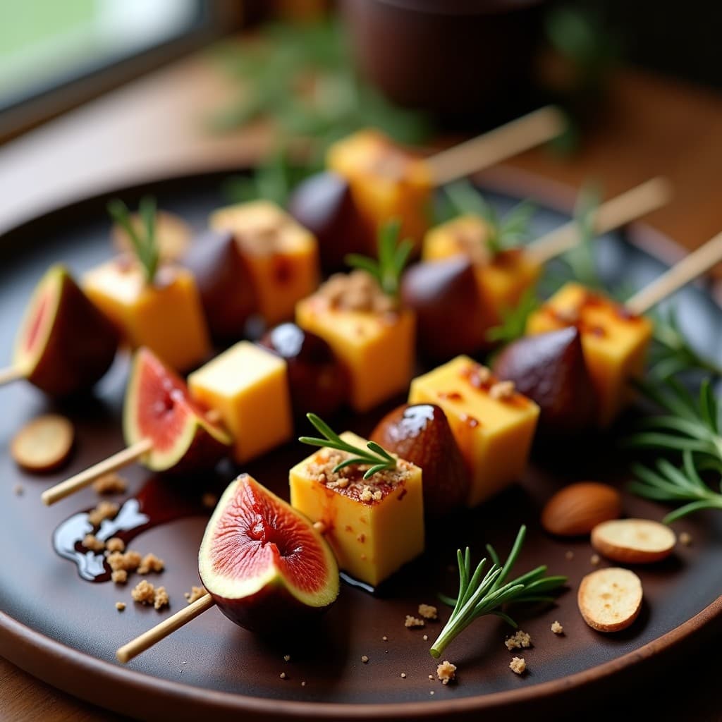 Brochetas gourmet de higos frescos abiertos y queso de oveja curado dorado, con nueces picadas y reducción brillante de Pedro Ximénez, servidas en plato de cerámica blanca con hilo de miel de romero.