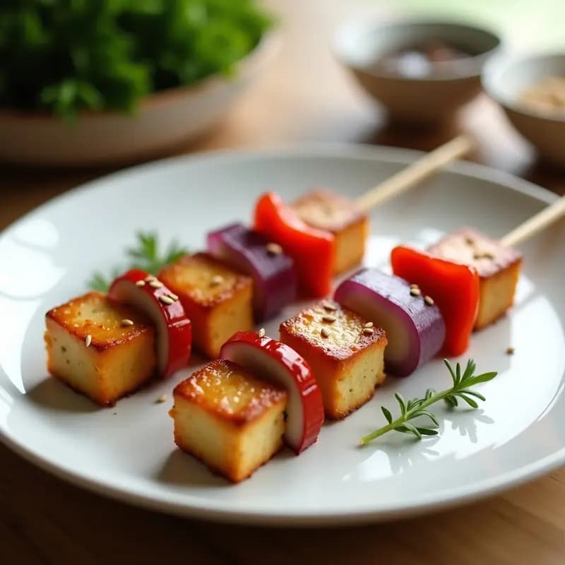 Brochetas doradas de tofu firme y hongo reishi deshidratado, alternadas con trozos de cebolla morada y pimiento rojo, servidas sobre un plato blanco con semillas de sésamo tostadas espolvoreadas. Receta china antiinflamatoria en airfryer.