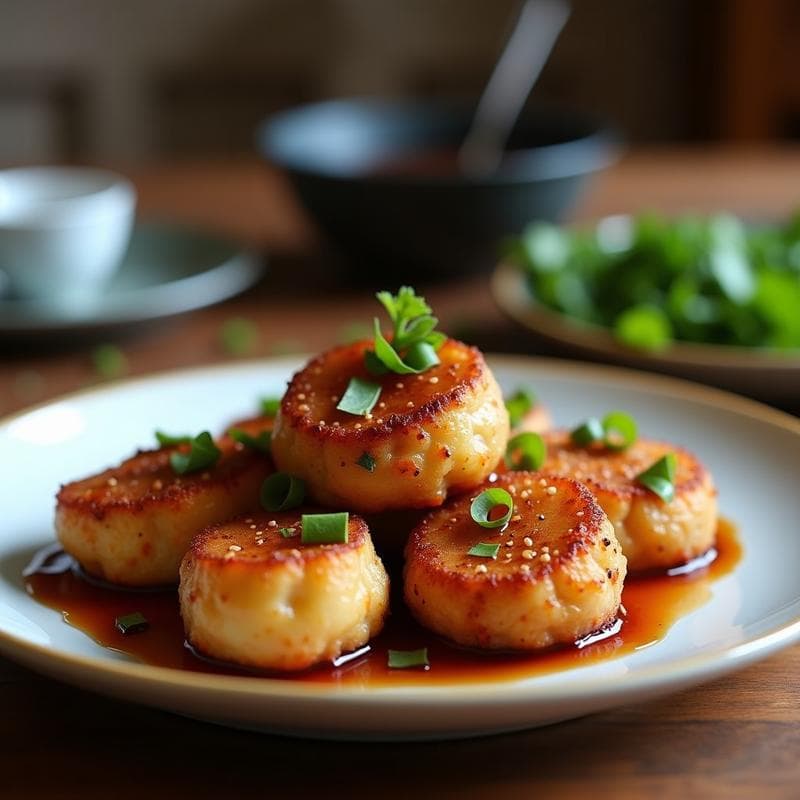 Brochetas doradas de tofu firme y hongos shiitake glaseados con salsa hoisin, decoradas con semillas de sésamo y acompañadas de cebolla morada y pimiento rojo asado, servidas en plato blanco sobre fondo de madera rústica.