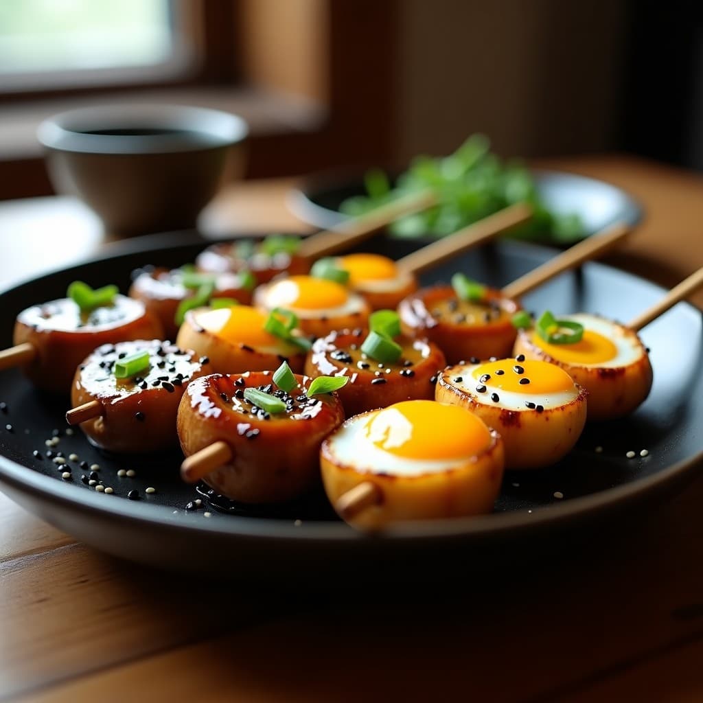 Brochetas japonesas de huevos de codorniz pelados y champiñones shiitake dorados, glaseados con miel y soja, espolvoreadas con semillas de sésamo negro y cebollino fresco, servidas en plato de cerámica negra con fondo desenfocado.