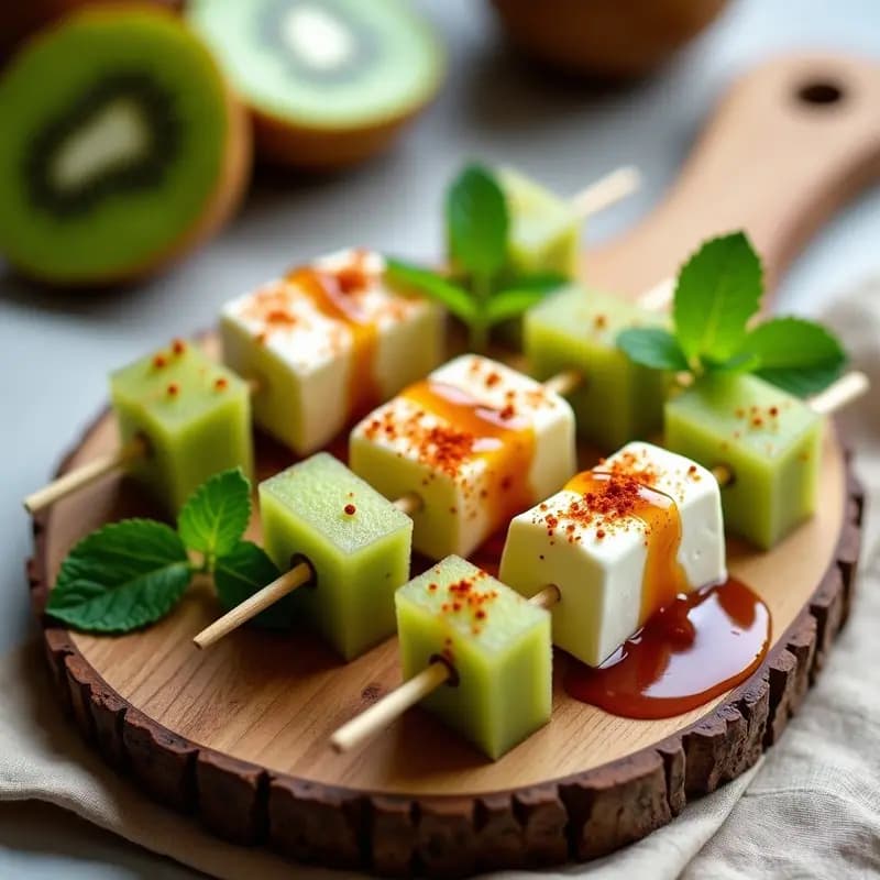 Brochetas de Kiwi y Queso Mozzarella con Sirope de Arce y Chile en Polvo