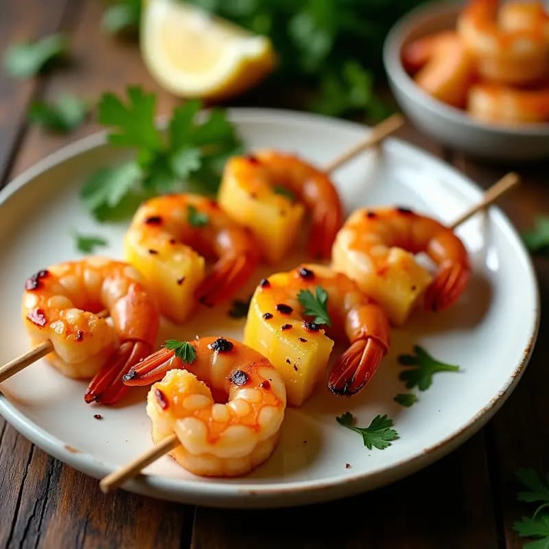 Brochetas doradas de langostino y piña caramelizada en palillos de madera, con brillo de miel y especias, servidas sobre un plato blanco rústico con fondo de madera y hierbas frescas, receta caribeña en airfryer.