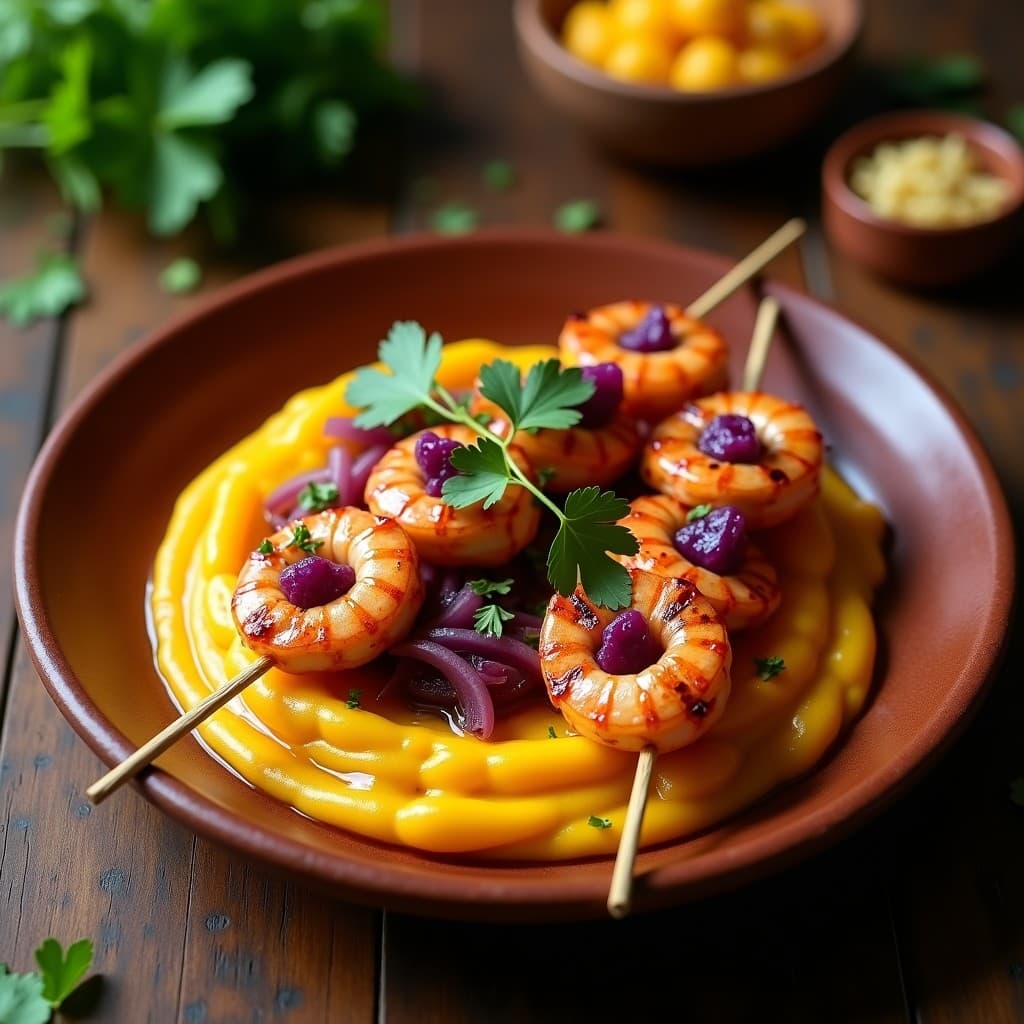 Brochetas de langostinos tigre dorados en grill con trozos de cebolla morada, servidos sobre un puré cremoso de camote amarillo. Decoración con cilantro fresco y un hilo de miel. Plato rústico de barro con fondo de hojas verdes, iluminación cálida que resalta los colores vibrantes de la receta amazónica.