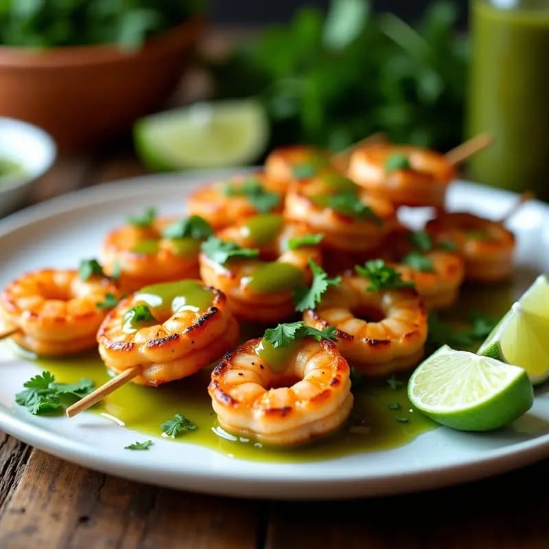 Brochetas de langostinos al ajillo doradas en palillos de madera, servidas en plato blanco con mojo verde de cilantro y lima, rodajas de lima y hojas de cilantro fresco. Receta criolla en airfryer.