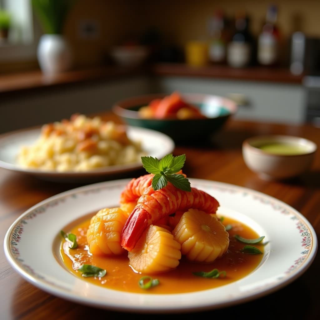 Brochetas de langostinos al ajillo con piña caramelizada en airfryer, servidas en plato blanco con perejil fresco y salsa dorada. Receta rápida y alta en proteína.