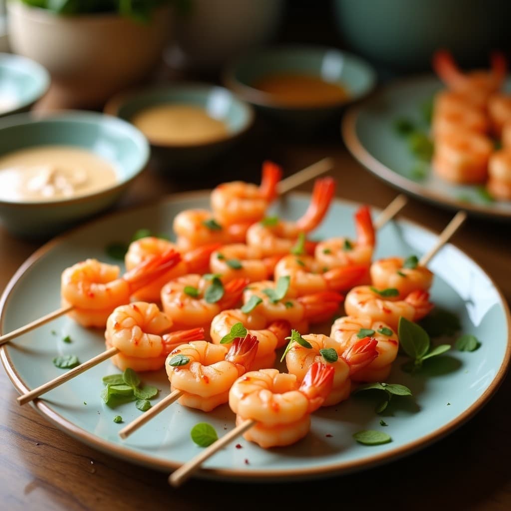 Brochetas doradas de langostinos y melón cantalupo en palillos de madera, servidas sobre una tabla de madera oscura con un cuenco pequeño de salsa de wasabi verde al lado. Fondos desenfocados con hierbas frescas y semillas de sésamo espolvoreadas.