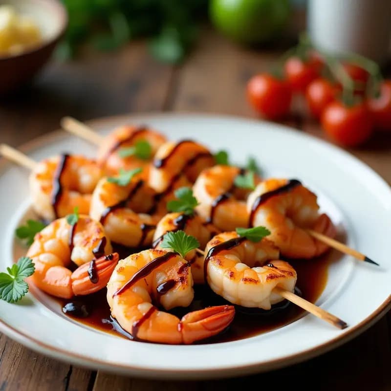 Brochetas de langostinos rosados y cubos de melón dorado glaseados con reduction de vinagre balsámico, decoradas con hojas de albahaca fresca sobre un plato blanco rústico, receta italiana en airfryer.
