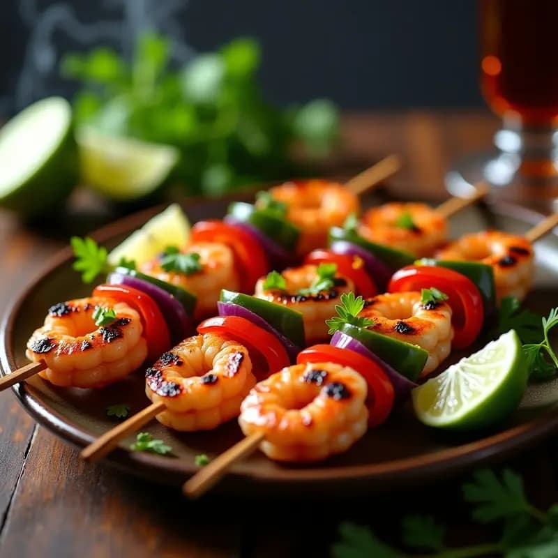 Brochetas de langostinos jugosos ensartados con cebolla morada y pimiento rojo, asados a la perfección en grill, bañados en un mojo de chile y limón de color dorado, servidas en un plato de barro con gajos de limón y cilantro fresco.